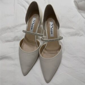 Nina Cream Pointed Toe Heels with Rhinestone Strap